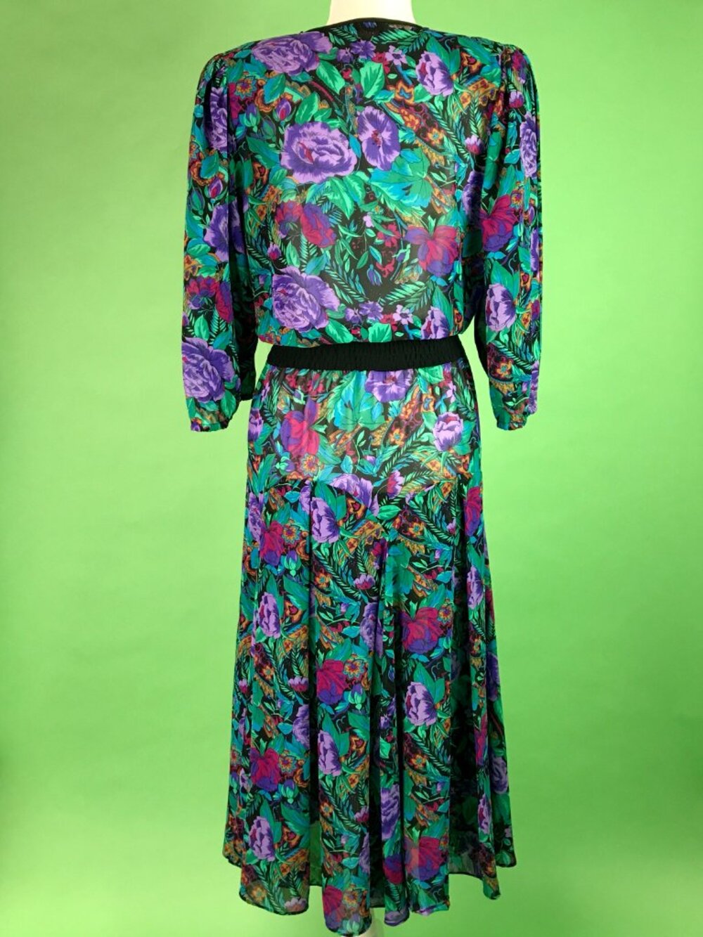 Vintage 80s Diane Freis Bold Dark Floral Pleated Georgette Dress Size Large - Picture 9 of 10